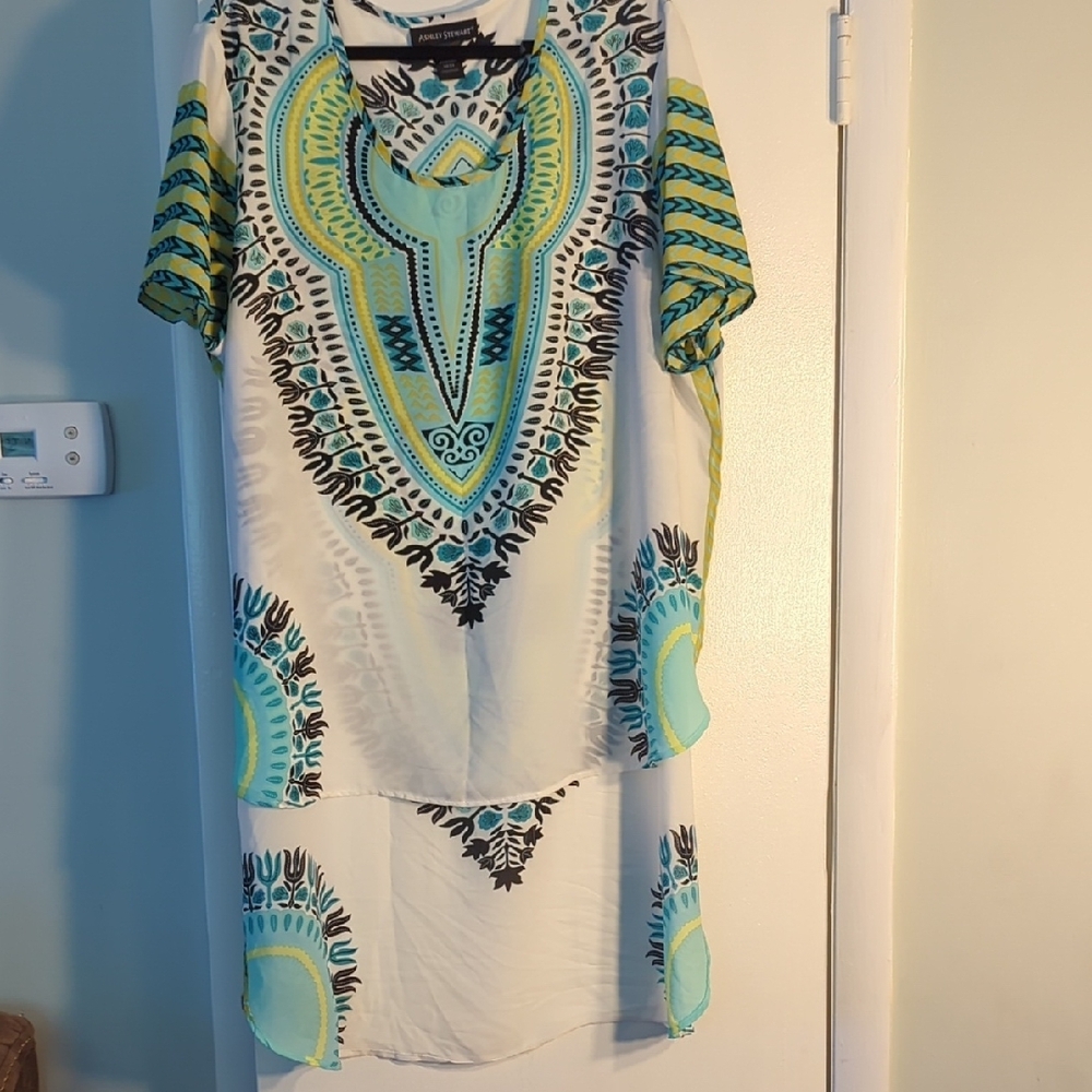 Ashley Stewart African/Tribal Print Hi-Lo Duster Top (White)